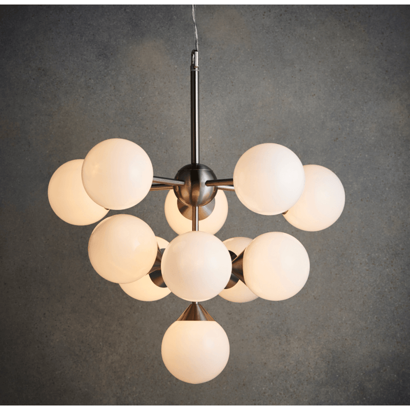 Oscar 11 Light Pendant in Satin Nickel with Gloss White Glass