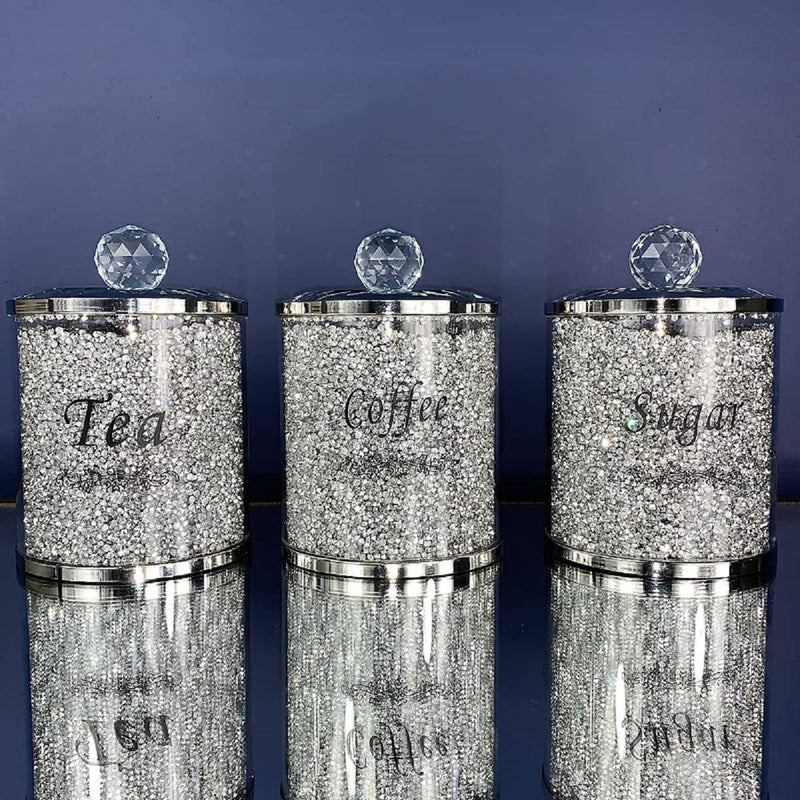 Set of 3 Crushed Diamond Tea Coffee Sugar Storage Canister Jars Pot Container